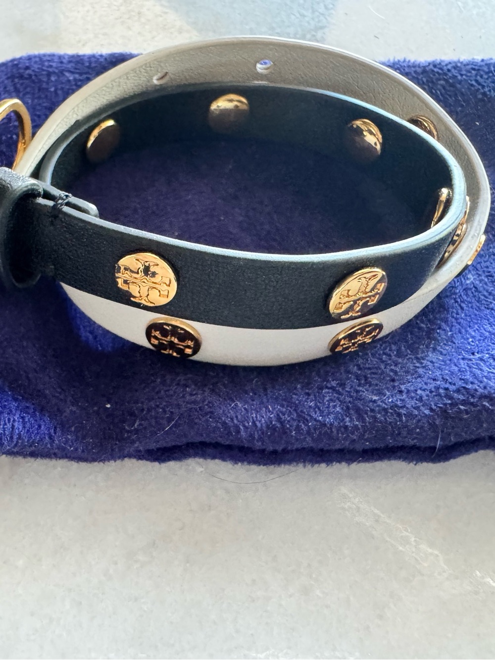 Tory Burch Black and White Double-Wrap Logo Stud Leather Bracelet